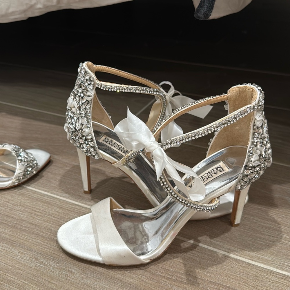 Badgley Mischka White Satin Jewel Heels